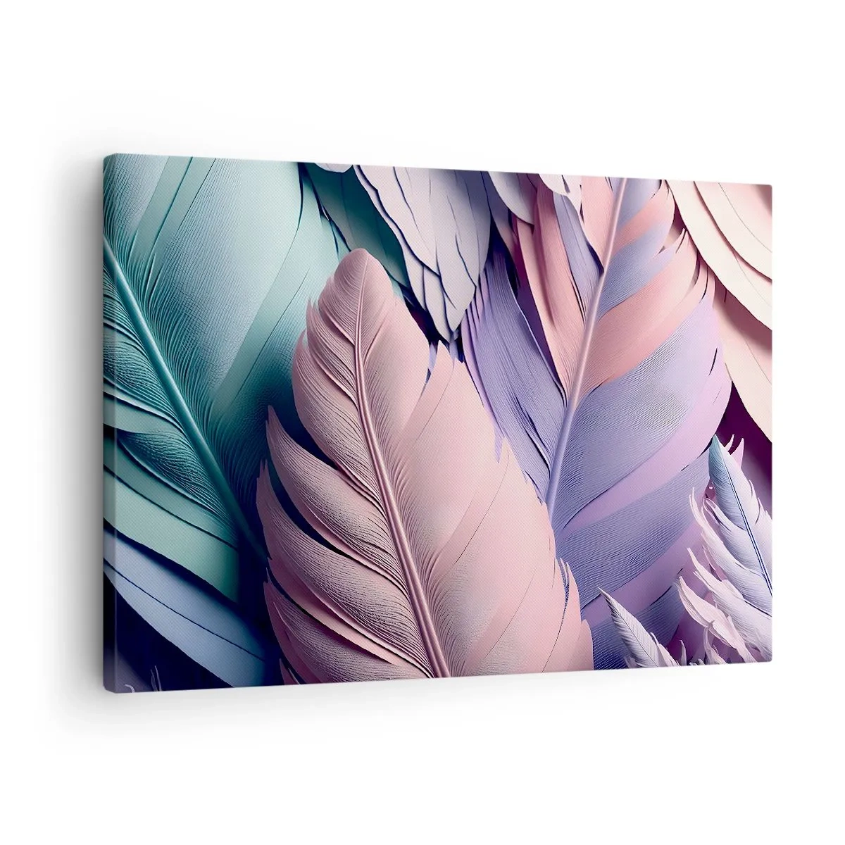 Quadro su tela - Stampe su Tela - Piume colorate in tonalità pastello su uno sfondo chiaro - 70x50cm - Eleganza per uccelli - Decorazione murale moderna per soggiorno e camera da letto ARTTOR