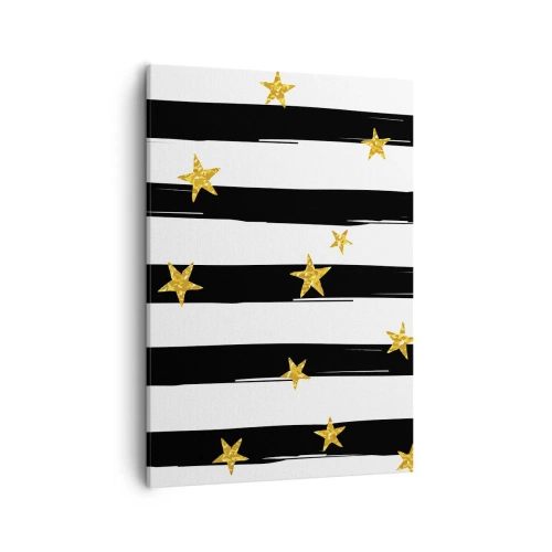 Quadro su tela - Stampe su Tela - Strisce bianche e nere con stelle dorate - 50x70cm - Siamo tutti nati sotto una buona stella - Decorazione murale moderna per soggiorno e camera da letto ARTTOR