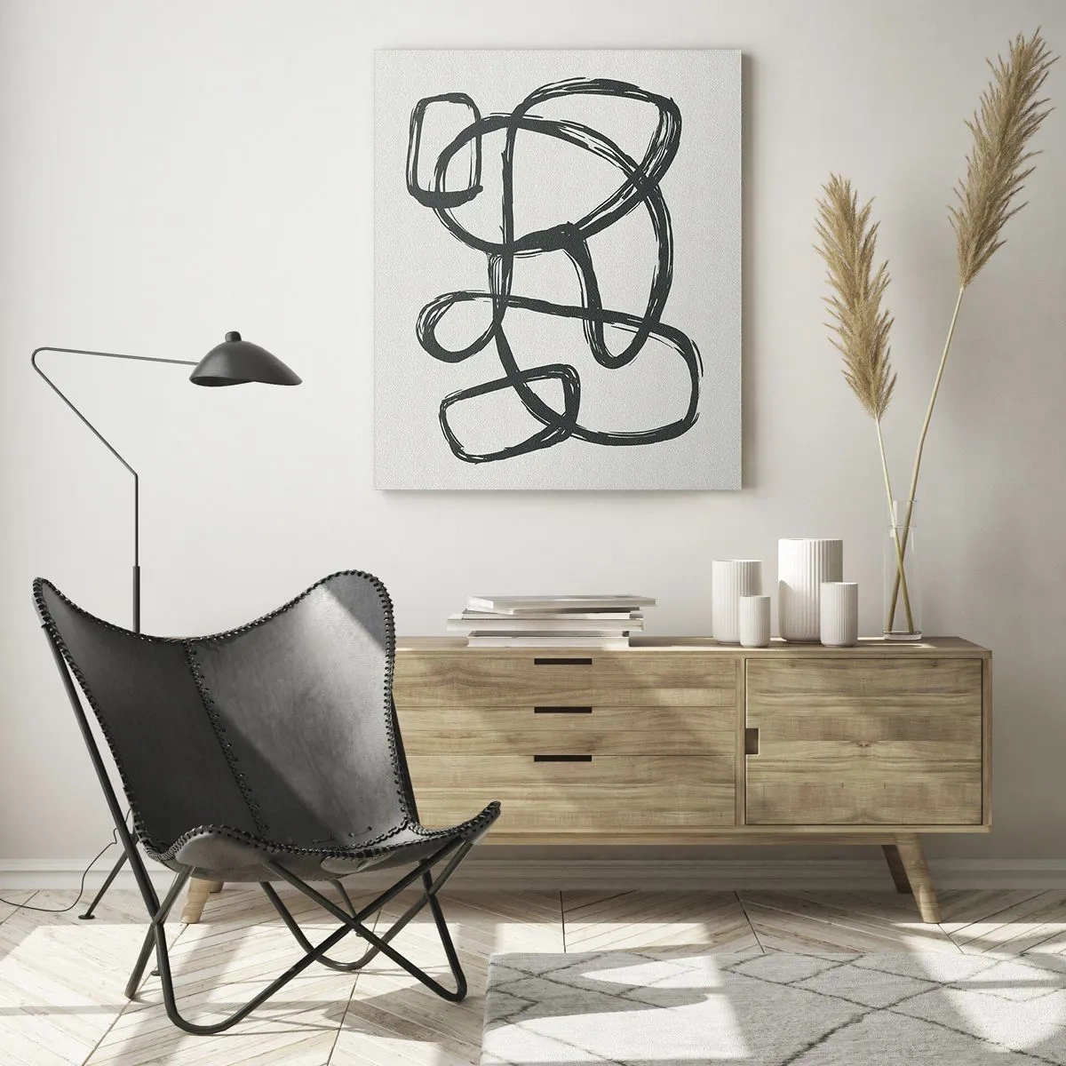 Quadro su vetro - Linee astratte che creano forme libere su uno sfondo chiaro - 70x100cm - Astrazione aggrovigliata - Decorazione murale moderna per soggiorno e camera da letto ARTTOR