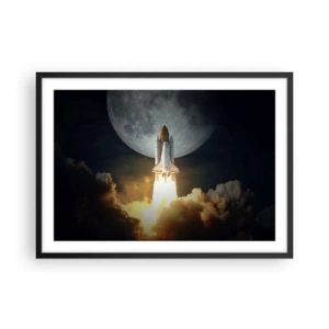 Poster in cornice nera - Un razzo che decolla sullo sfondo della luna piena circondata da nuvole dinamiche. - 70x50cm - L'inizio di un'avventura spaziale - Decorazione murale moderna per soggiorno e camera da letto ARTTOR