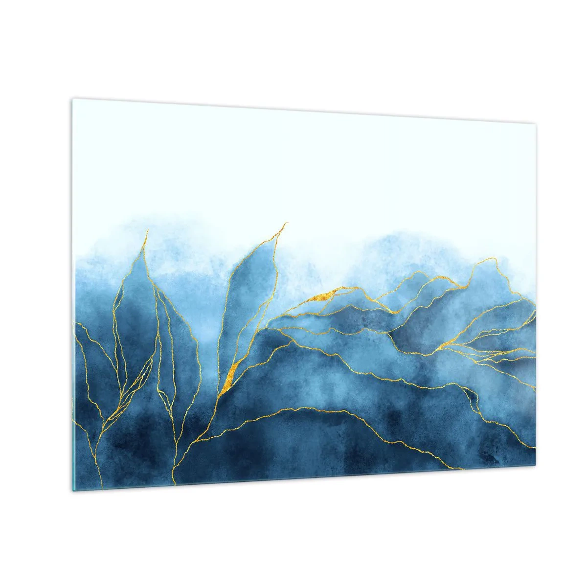 Quadro su vetro - Forme astratte blu con delicate linee dorate. - 70x50cm - Blu nell'oro - Decorazione murale moderna per soggiorno e camera da letto ARTTOR