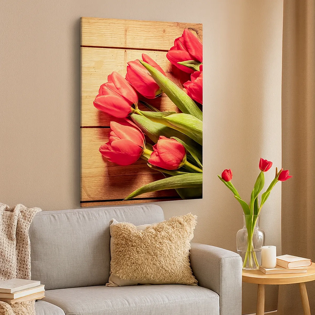 Quadro su tela - Stampe su Tela - Un mazzo di tulipani rosa su uno sfondo di legno - 50x70cm - Confessione primaverile - Decorazione murale moderna per soggiorno e camera da letto ARTTOR