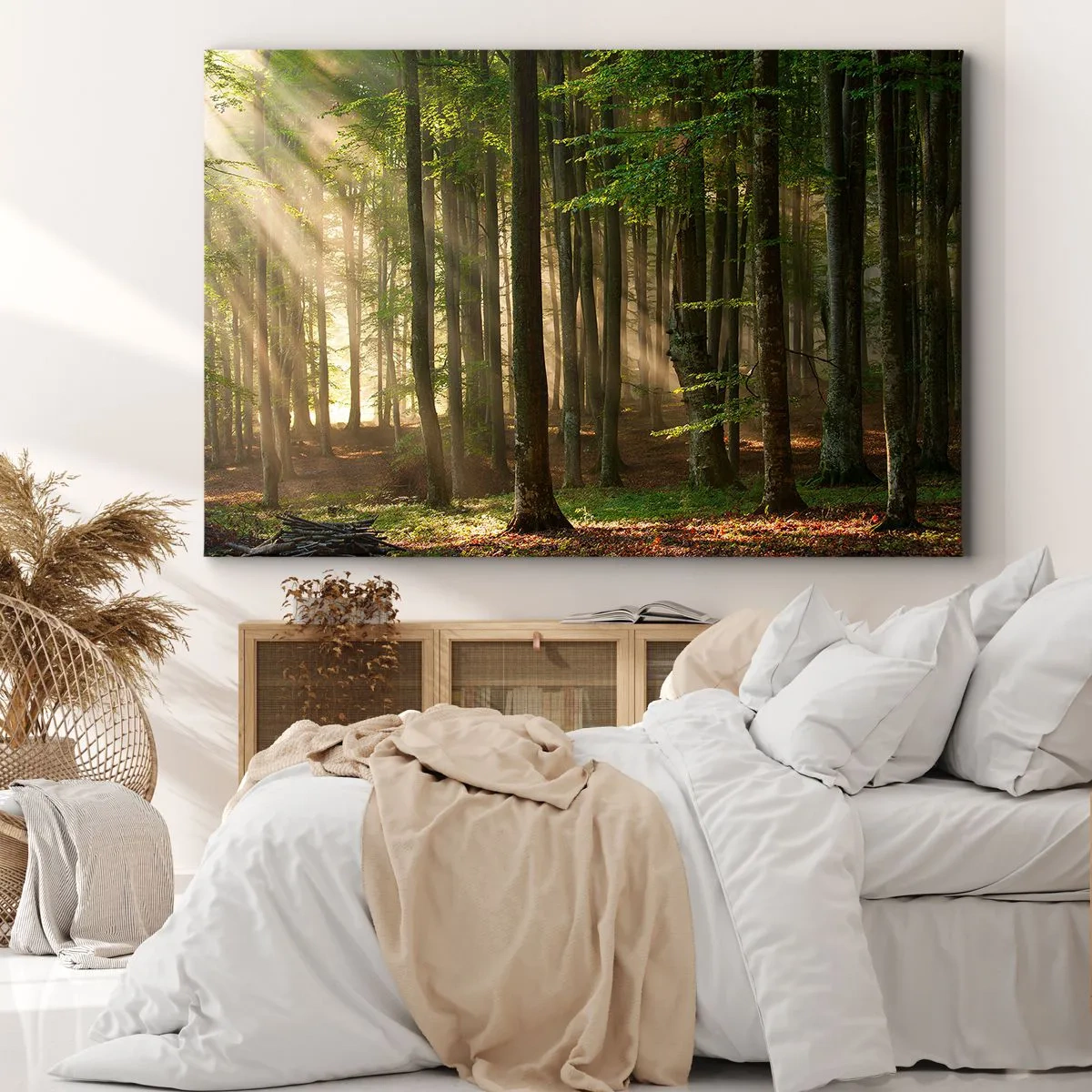 Quadro su tela - Stampe su Tela - Raggi di sole che penetrano attraverso gli alberi nella foresta - 70x50cm - Raggiante in un mattino di primavera - Decorazione murale moderna per soggiorno e camera da letto ARTTOR