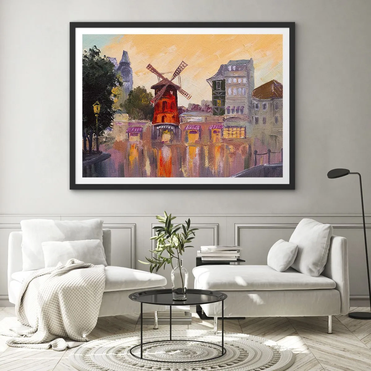 Poster in cornice nera - Il mulino a vento rosso del Moulin Rouge circondato dal paesaggio urbano - 70x50cm - Le icone di Parigi: il Moulin Rouge - Decorazione murale moderna per soggiorno e camera da letto ARTTOR