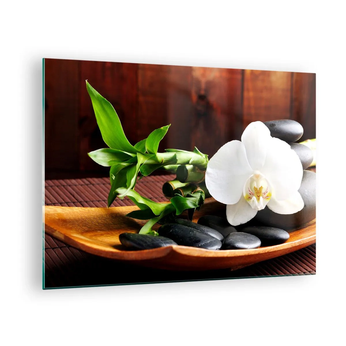 Quadro su vetro - Orchidea bianca su pietre nere e bambù in una ciotola di legno - 70x50cm - Lasciati toccare dalla natura - Decorazione murale moderna per soggiorno e camera da letto ARTTOR