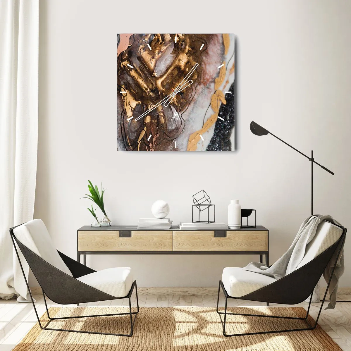 Orologio da parete - Orologio in Vetro - Composizione astratta con elementi in oro e cristalli - 30x30cm - L'elemento della terra - Decorazione murale moderna per soggiorno e camera da letto ARTTOR