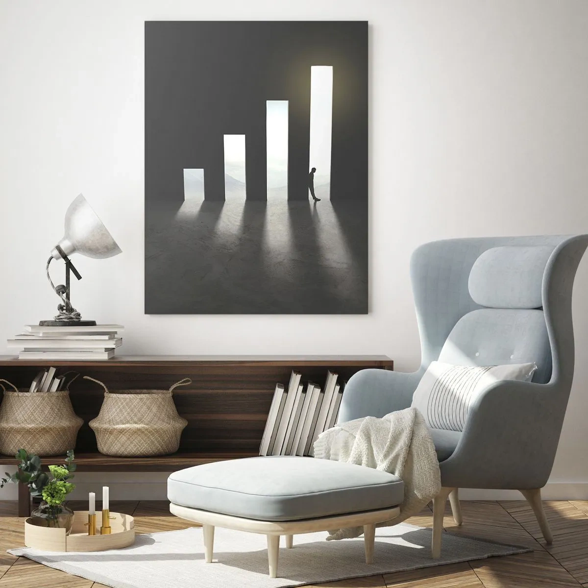 Quadro su vetro - L'uomo alla luce della crescita che simboleggia lo sviluppo - 50x70cm - Successo - impressione - Decorazione murale moderna per soggiorno e camera da letto ARTTOR