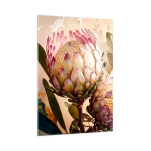Quadro su vetro - Fiori di protea in toni caldi e luce soffusa - 50x70cm - Tenero abbraccio - Decorazione murale moderna per soggiorno e camera da letto ARTTOR