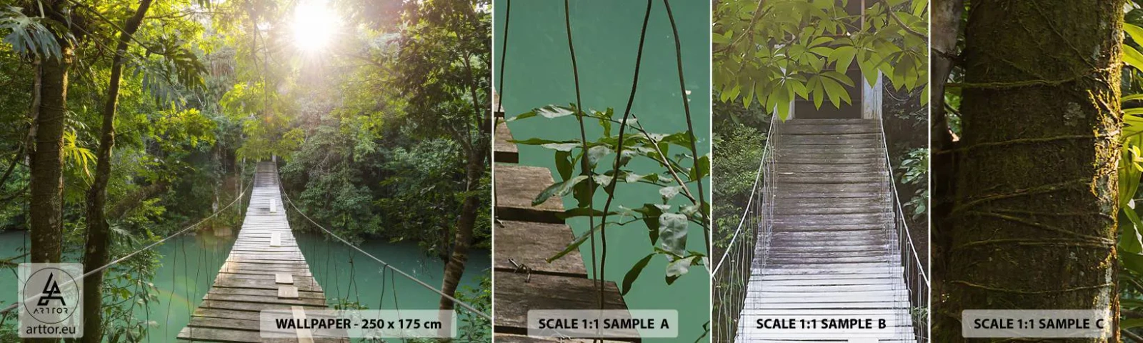 Campione Di Fotomurale Standard Eco - Sull'acqua azzurra verso il bosco azzurro - Paesaggio, Giungla, Ponte di Legno - 100x30 cm