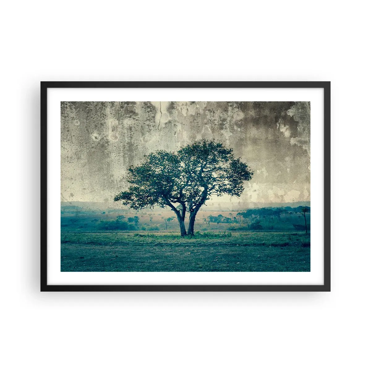 Poster in cornice nera - Un albero solitario contro un paesaggio nebbioso - 70x50cm - Un melo su un prato blu? - Decorazione murale moderna per soggiorno e camera da letto ARTTOR