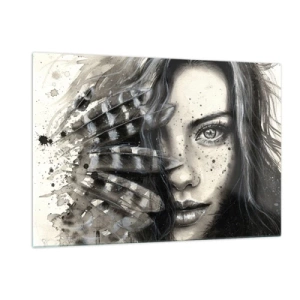 Quadro su vetro - Ritratto di donna con piume e dettagli astratti - 120x80cm - Bellezza selvaggia - Decorazione murale moderna per soggiorno e camera da letto ARTTOR