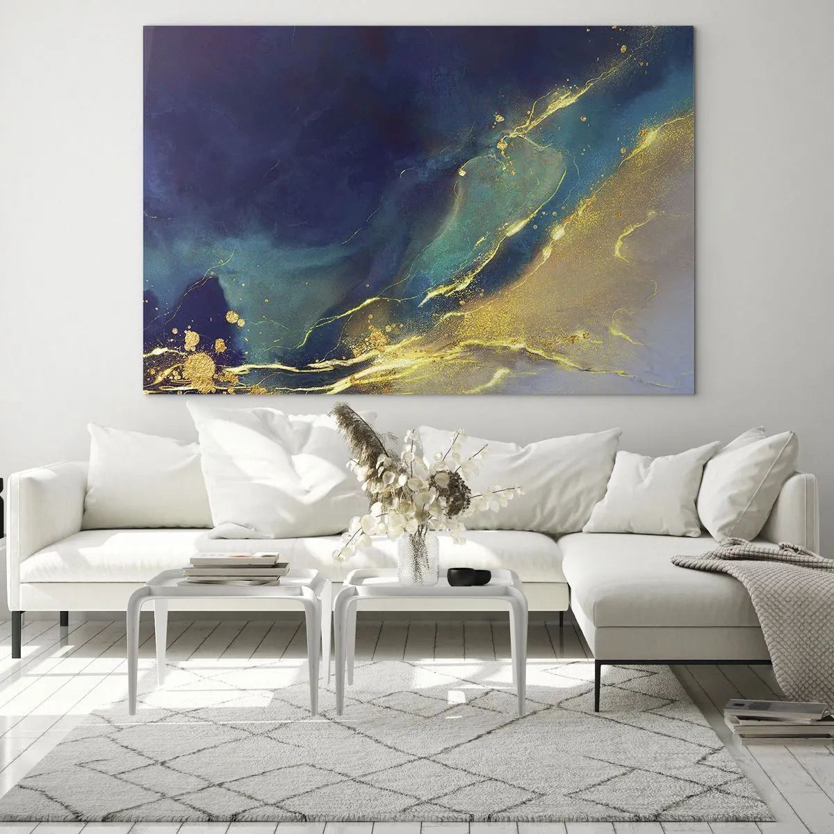 Quadro su vetro - Una composizione astratta nei toni del blu navy, turchese e oro - 70x50cm - La palude dorata - Decorazione murale moderna per soggiorno e camera da letto ARTTOR