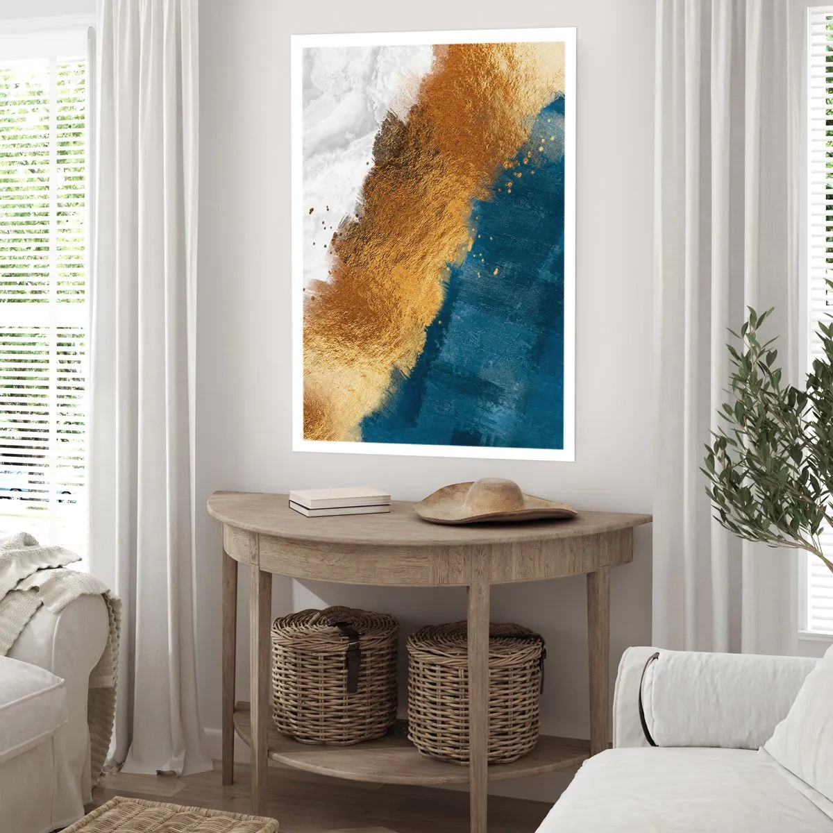 Poster - Una composizione astratta di oro, blu navy e bianco - 50x70cm - I colori dell'estate - Decorazione murale moderna per soggiorno e camera da letto ARTTOR