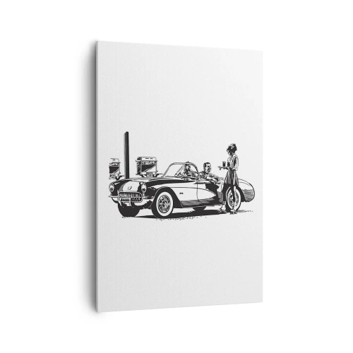 Quadro su tela - Stampe su Tela - Una scena retrò in bianco e nero con un'auto e una cameriera sui pattini a rotelle. - 70x100cm - Anni '60: l'America spensierata - Decorazione murale moderna per soggiorno e camera da letto ARTTOR