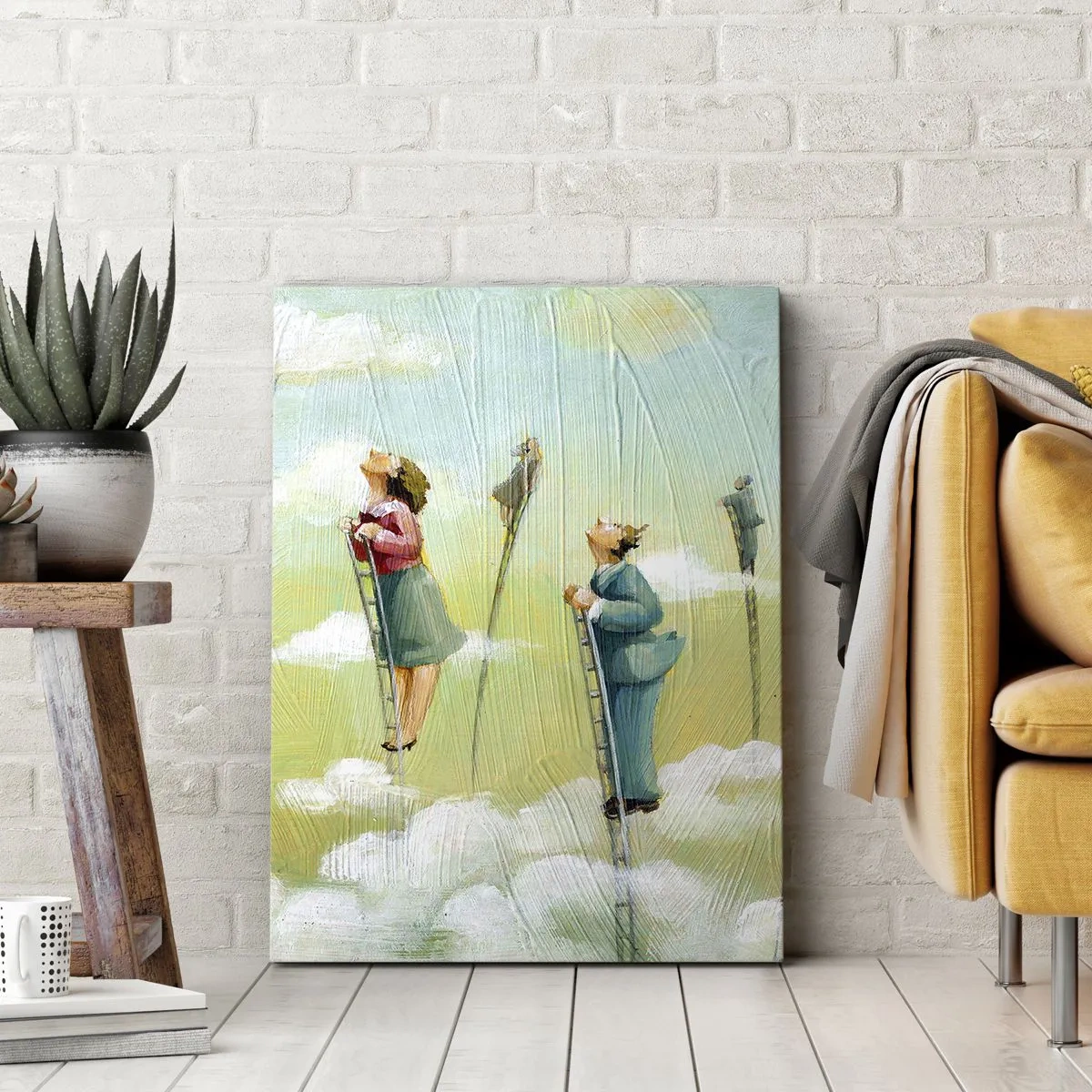 Quadro su tela - Stampe su Tela - Figure che salgono scale tra le nuvole su uno sfondo pastello. - 50x70cm - Seguendo i propri sogni - Decorazione murale moderna per soggiorno e camera da letto ARTTOR