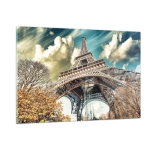 Quadro su vetro - La Torre Eiffel in uno scenario autunnale contro un cielo dinamico - 120x80cm - L'autunno a Parigi... - Decorazione murale moderna per soggiorno e camera da letto ARTTOR