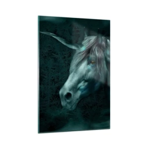 Quadro su vetro - Un unicorno magico in una foresta misteriosa e oscura dai colori fantastici. - 80x120cm - Nel bosco incantato - Decorazione murale moderna per soggiorno e camera da letto ARTTOR