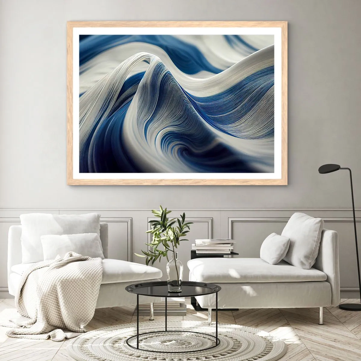 Poster in cornice rovere chiaro - Fluidità di blu e di bianco - 70x50 cm