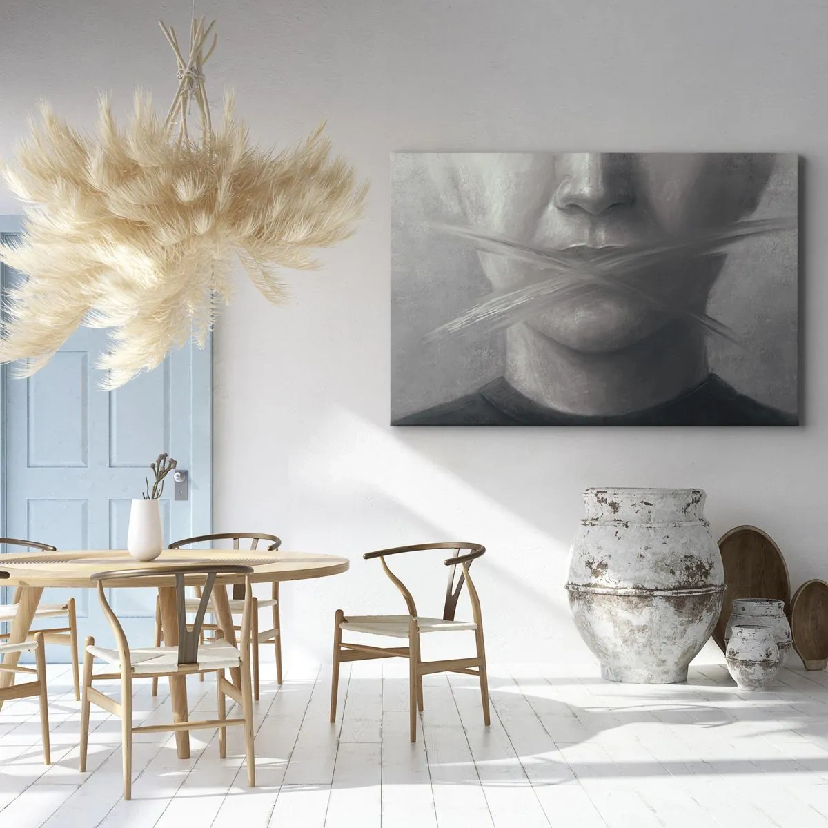 Quadro su tela - Stampe su Tela - Un ritratto simbolico con labbra sfocate nei toni del grigio. - 120x80cm - Neanche una parola - Decorazione murale moderna per soggiorno e camera da letto ARTTOR