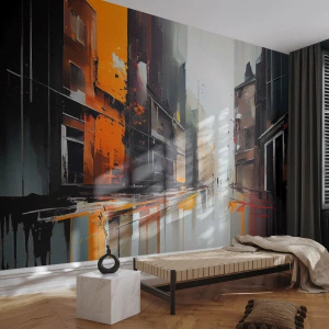Fotomurali Standard Eco - Una città sotto la pioggia con riflessi arancioni sulla strada bagnata - 100x70cm - Un giorno di pioggia - Decorazione murale moderna per soggiorno e camera da letto ARTTOR