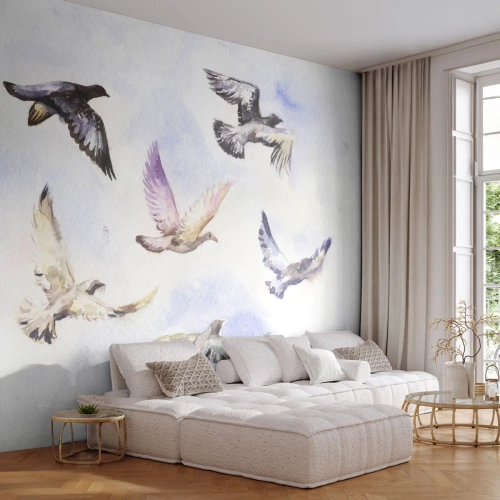 Fotomurali Premium Sand - Libertà in grigio e blu - Uccelli, Grafica, Pezzo - 350x256 cm