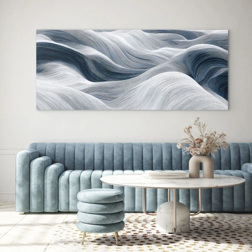 Quadro su vetro - Linee ondulate nei toni del blu e del bianco - 160x50cm - Onde bianche e blu - Decorazione murale moderna per soggiorno e camera da letto ARTTOR