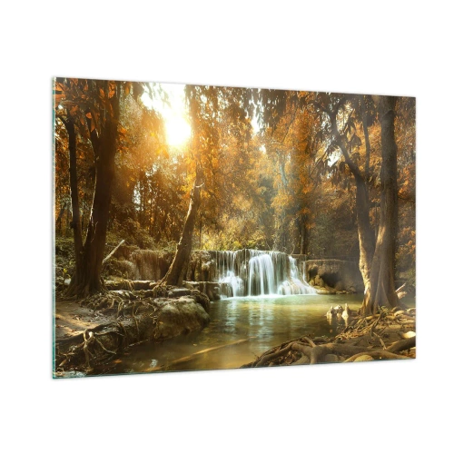 Quadro su vetro - Una cascata in un parco circondata da alberi nei colori autunnali - 100x70cm - Cascata nel parco - Decorazione murale moderna per soggiorno e camera da letto ARTTOR