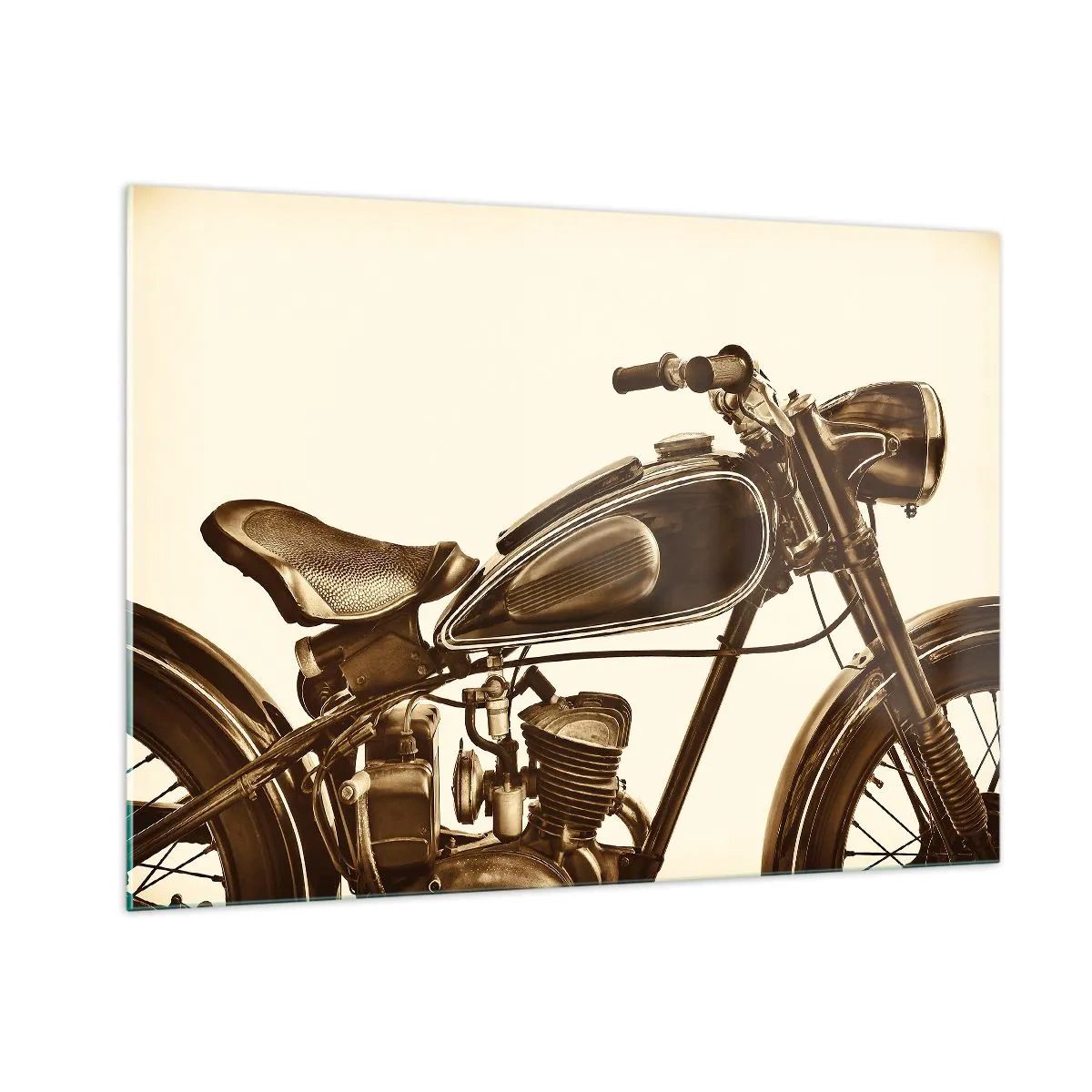 Quadro su vetro - Elegante motocicletta retrò in tonalità seppia su sfondo chiaro - 100x70cm - Nostalgia per la classicità - Decorazione murale moderna per soggiorno e camera da letto ARTTOR