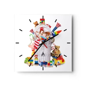 Orologio da parete - Orologio in Vetro - Un cesto colorato pieno di giocattoli per bambini - 30x30cm - I tesori del bambini - Decorazione murale moderna per soggiorno e camera da letto ARTTOR