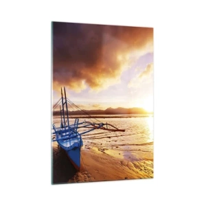 Quadro su vetro - Barca sulla spiaggia al tramonto con un cielo spettacolare - 50x70cm - Riposo sulla sabbia dopo l'intera giornata - Decorazione murale moderna per soggiorno e camera da letto ARTTOR