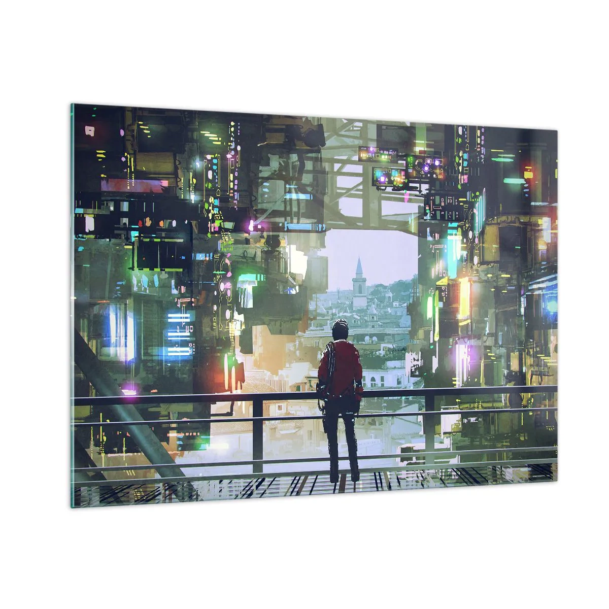 Quadro su vetro - Una figura sullo sfondo di una città futuristica con vista sulla città vecchia - 100x70cm - Due mondi - Decorazione murale moderna per soggiorno e camera da letto ARTTOR