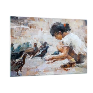 Quadro su vetro - Una ragazza che dà da mangiare agli uccelli su uno sfondo impressionistico - 120x80cm - Piccoli e gentili - Decorazione murale moderna per soggiorno e camera da letto ARTTOR