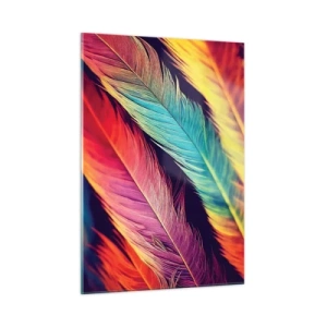 Quadro su vetro - Piume colorate in intense tonalità arcobaleno - 50x70cm - Arcobaleno piumato - Decorazione murale moderna per soggiorno e camera da letto ARTTOR