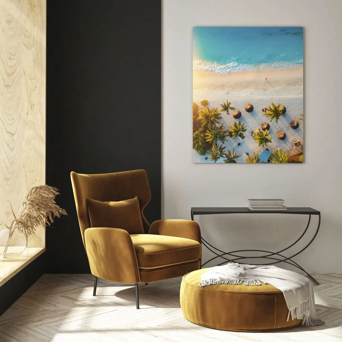 Quadro su vetro - Vista di una spiaggia tropicale con palme e mare turchese - 80x120cm - Benvenuti in paradiso - Decorazione murale moderna per soggiorno e camera da letto ARTTOR