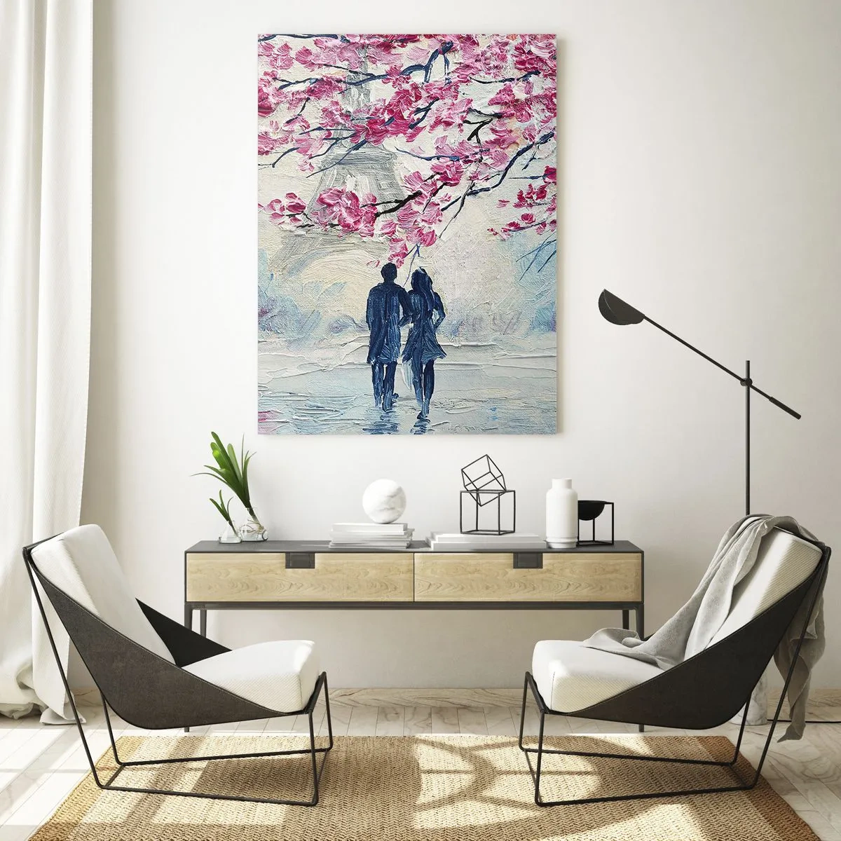 Quadro su vetro - Una coppia sotto alberi rosa in fiore in un ambiente romantico - 80x120cm - Passeggiata romantica - Decorazione murale moderna per soggiorno e camera da letto ARTTOR