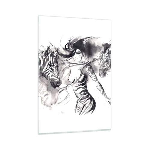 Quadro su vetro - Una donna in una danza dinamica con zebre in un'estetica in bianco e nero - 80x120cm - Ballando con le zebre - Decorazione murale moderna per soggiorno e camera da letto ARTTOR