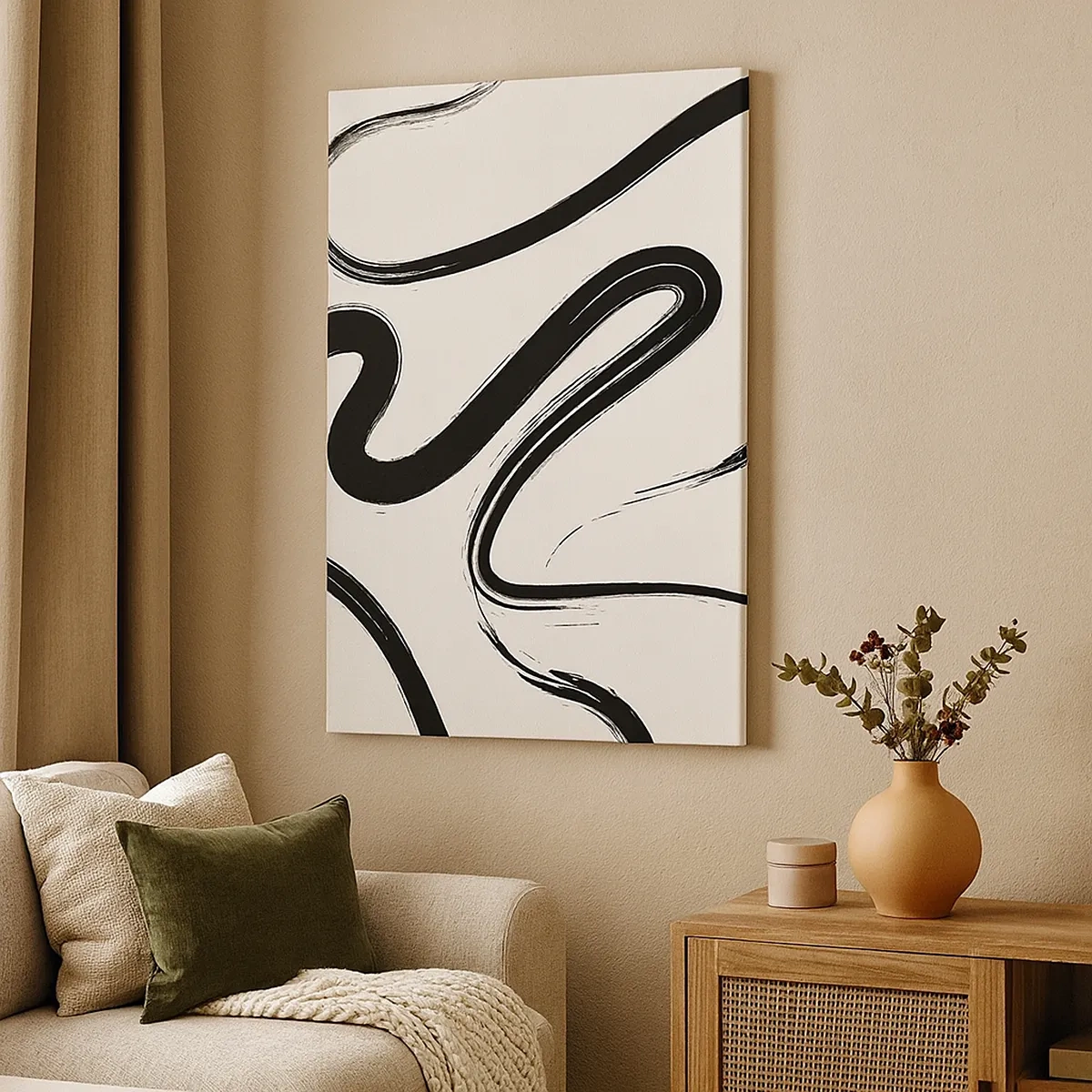 Quadro su tela - Stampe su Tela - Linee curve in bianco e nero su uno sfondo chiaro - 50x70cm - Capriccio bianco e nero - Decorazione murale moderna per soggiorno e camera da letto ARTTOR