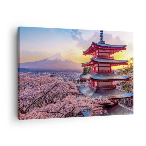 Quadro su tela - Stampe su Tela - Una pagoda in Giappone con fiori di ciliegio e il Monte Fuji - 70x50cm - L'essenza dell'anima giapponese - Decorazione murale moderna per soggiorno e camera da letto ARTTOR