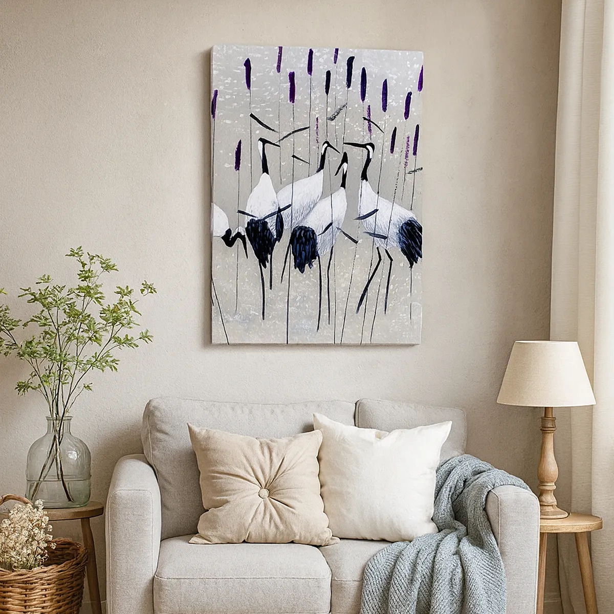 Quadro su tela - Stampe su Tela - Aironi nell'erba su uno sfondo tranquillo - 50x70cm - Tra i suoi - Decorazione murale moderna per soggiorno e camera da letto ARTTOR