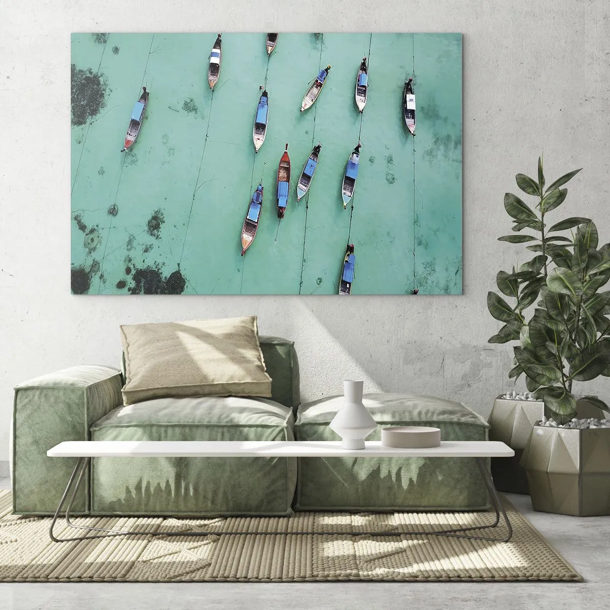 Quadro su vetro - Barche sull'acqua turchese viste dall'alto - 120x80cm - In gioiosa attesa - Decorazione murale moderna per soggiorno e camera da letto ARTTOR
