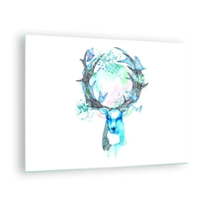 Quadro su vetro - Illustrazione di un cervo con farfalle sulle sue corna - 70x50cm - La forza e la delicatezza della natura - Decorazione murale moderna per soggiorno e camera da letto ARTTOR