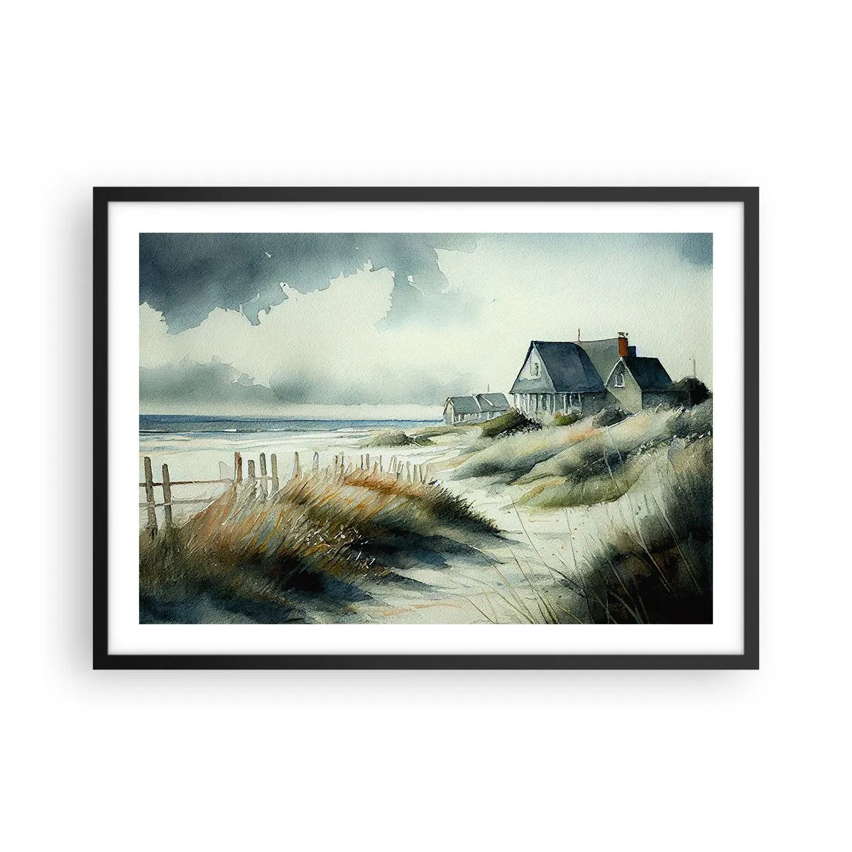 Poster in cornice nera - Una casa al mare circondata dal prato e con vista sul mare - 70x50cm - Lontano dal caos - Decorazione murale moderna per soggiorno e camera da letto ARTTOR