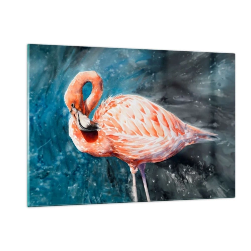 Quadro su vetro - Un fenicottero rosa su uno sfondo acquerello blu - 120x80cm - Naturalmente decorativo  - Decorazione murale moderna per soggiorno e camera da letto ARTTOR