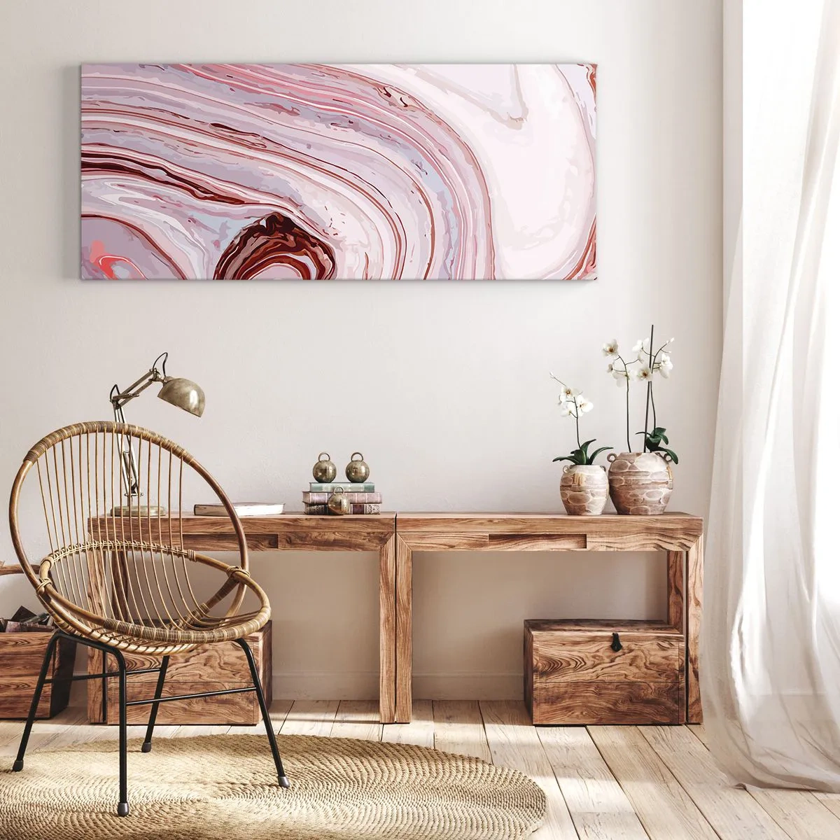 Quadro su tela - Stampe su Tela - Motivo astratto in rosa e bianco - 140x50cm - Dritto, poi a destra in basso - Decorazione murale moderna per soggiorno e camera da letto ARTTOR