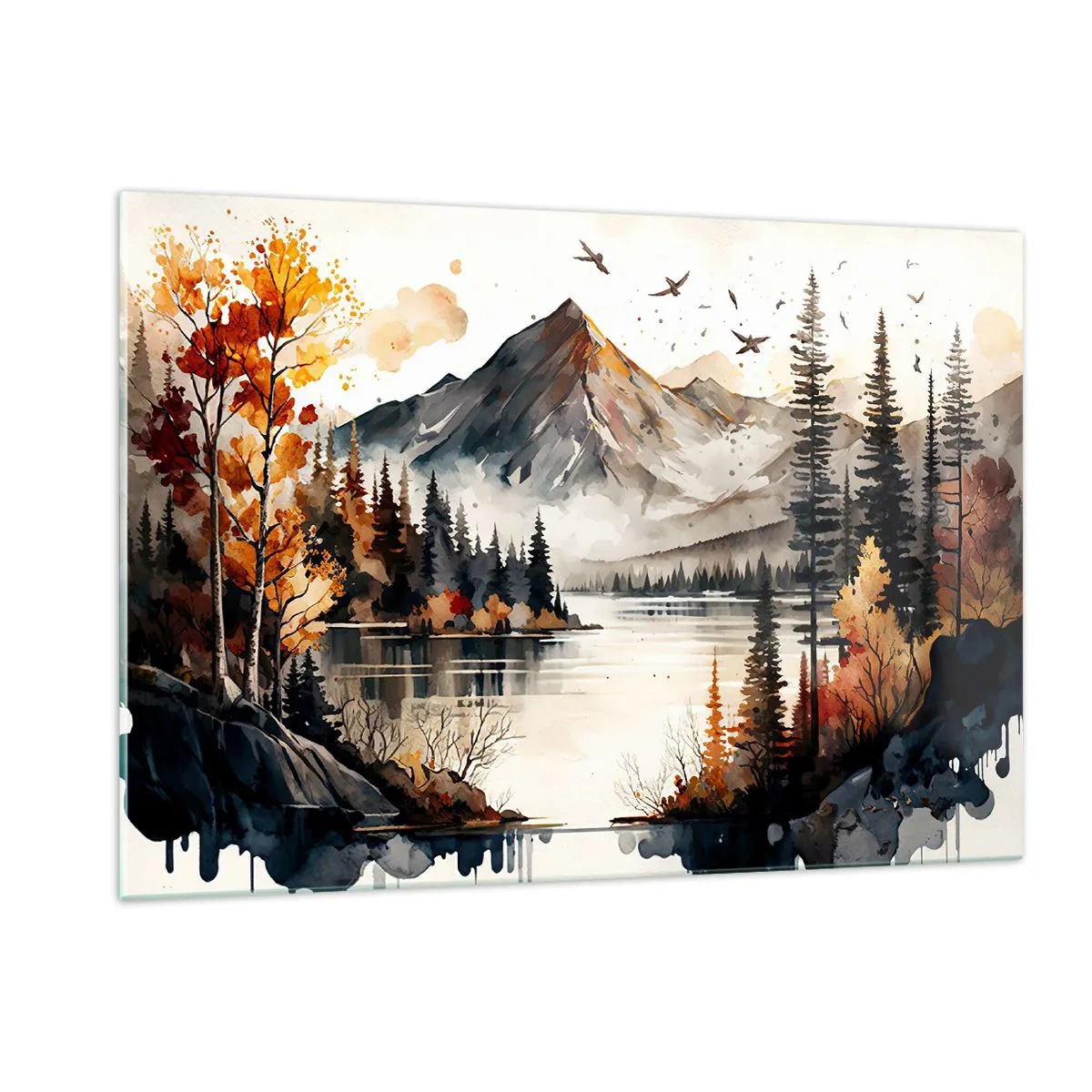 Quadro su vetro - Paesaggio montano autunnale con lago e foresta - 120x80cm - L'autunno dorato sui monti - Decorazione murale moderna per soggiorno e camera da letto ARTTOR