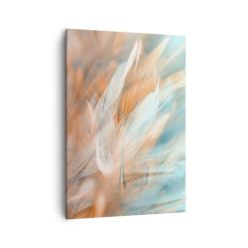 Quadro su tela - Stampe su Tela - Delicate piume nei toni pastello del blu e dell'arancione - 50x70cm - Nel paese della mitezza - Decorazione murale moderna per soggiorno e camera da letto ARTTOR