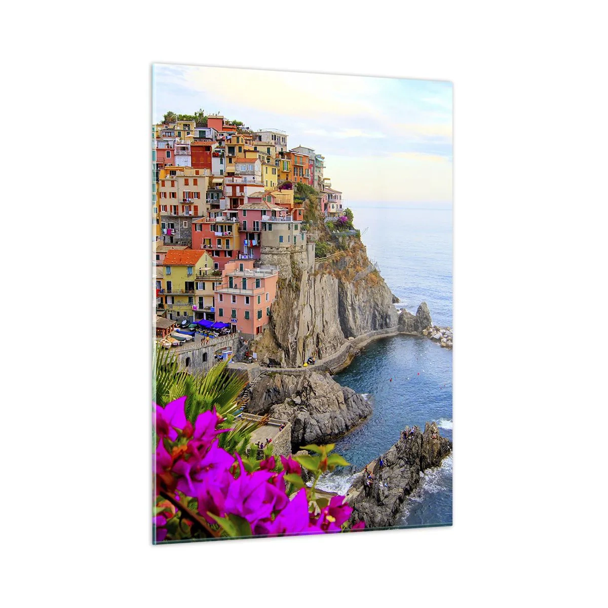 Quadro su vetro - Case colorate su una scogliera a picco sul mare - 50x70cm - La città che ride - Decorazione murale moderna per soggiorno e camera da letto ARTTOR