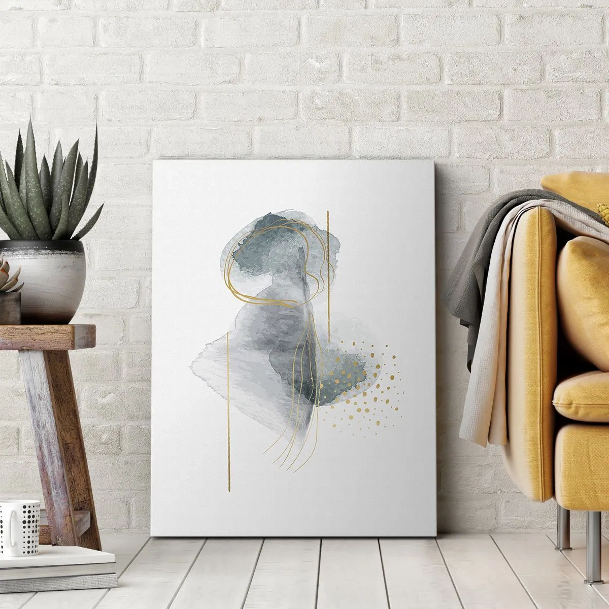 Quadro su tela - Stampe su Tela - Una composizione astratta nei toni del turchese e dell'oro. - 50x70cm - Sui legami del grigio e dell'oro - Decorazione murale moderna per soggiorno e camera da letto ARTTOR