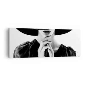 Quadro su tela - Stampe su Tela - Donna elegante con un grande cappello nei toni del bianco e del nero - 140x50cm - Bellezza celata - Decorazione murale moderna per soggiorno e camera da letto ARTTOR