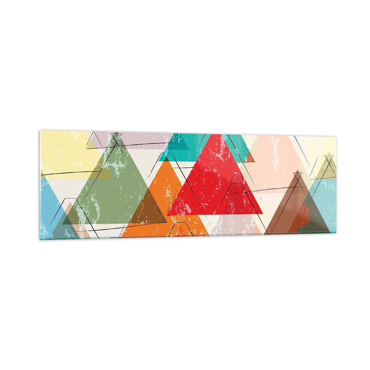 Quadro su vetro - Astrazione colorata con triangoli geometrici - 160x50cm - Tre alla volta - Decorazione murale moderna per soggiorno e camera da letto ARTTOR
